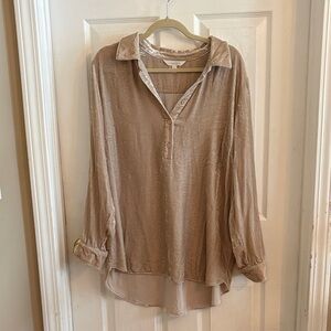 Garnet Hill Women's XL Beige Half Button-Down Velvet silk blend Shirt